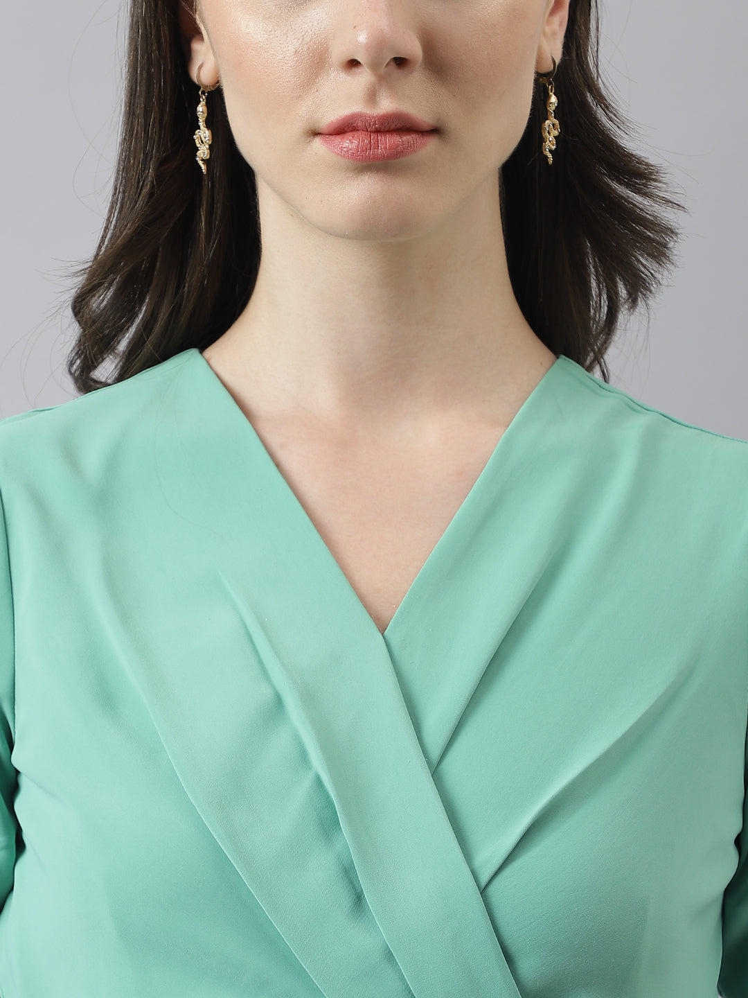 Green Peplum Top With Puffer Sleeves & V Neckline
