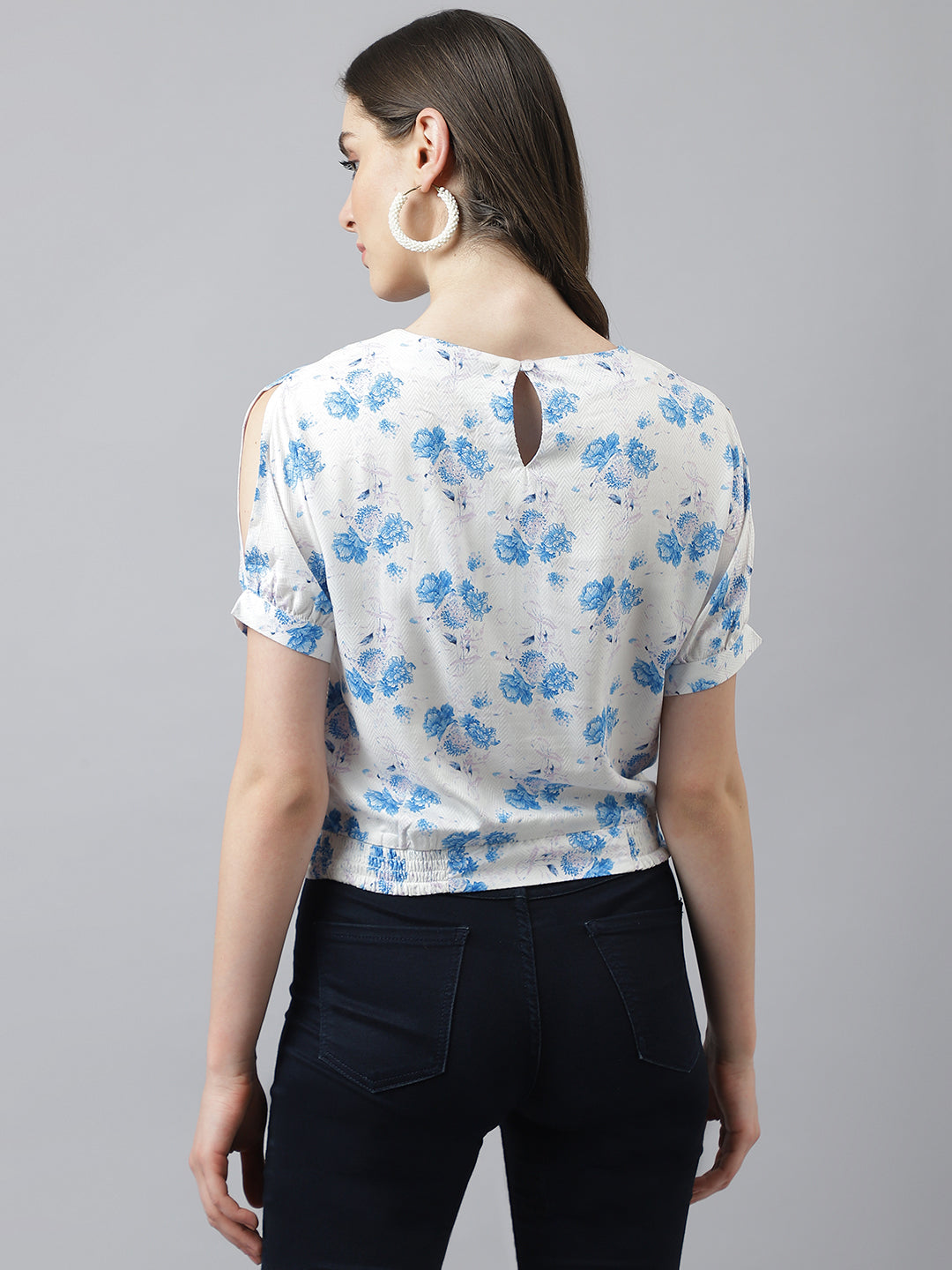 White Floral Print Top With Short Sleeves