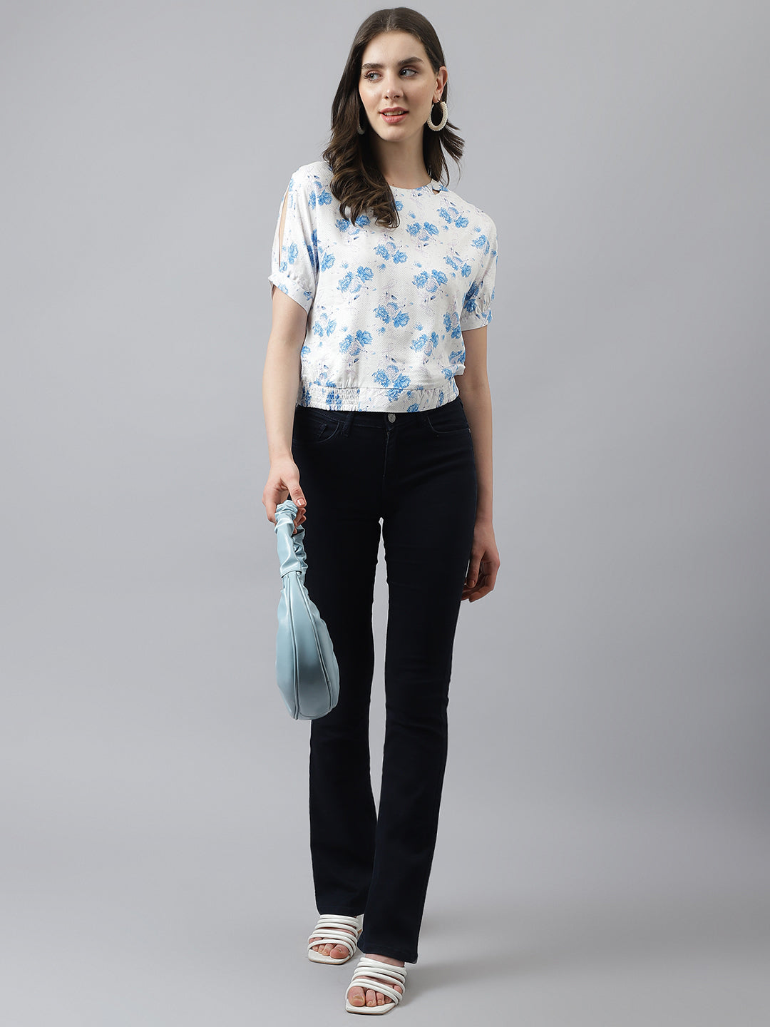 White Floral Print Top With Short Sleeves