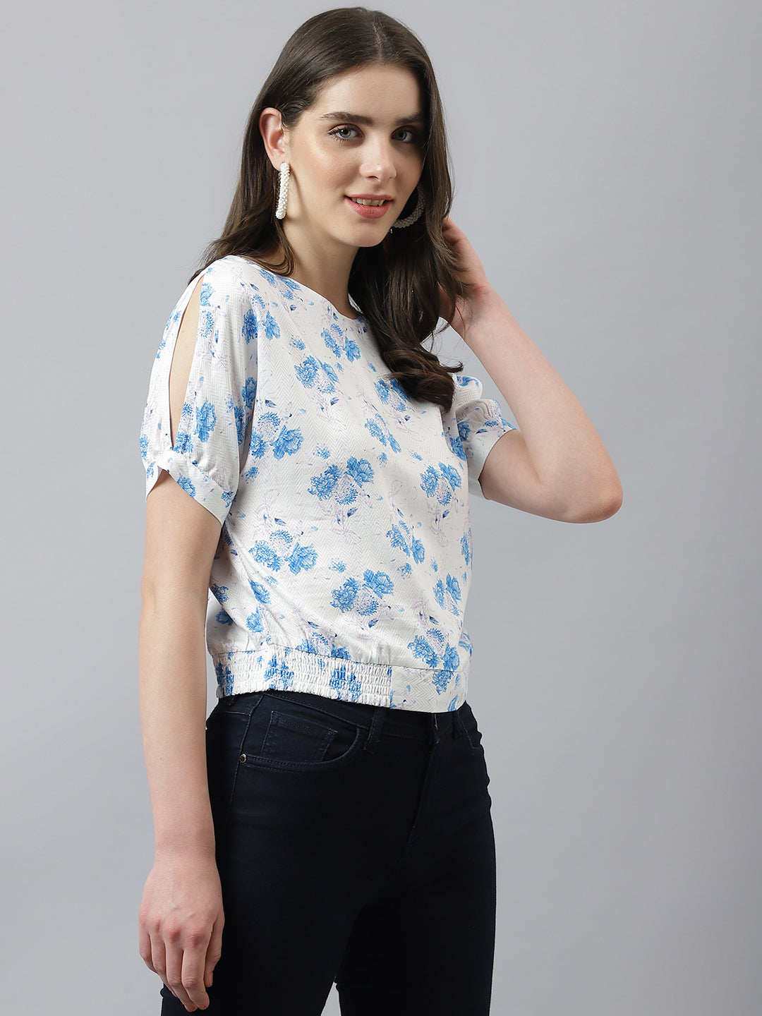 White Floral Print Top With Short Sleeves