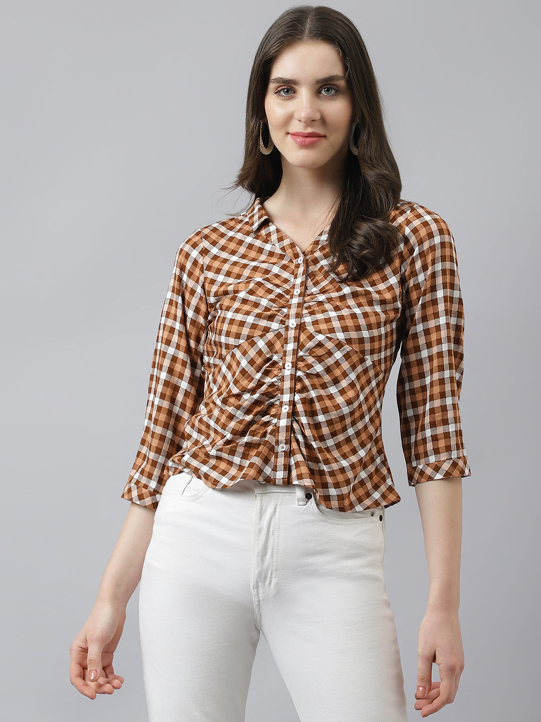 Brown Check Top With Collar Neck