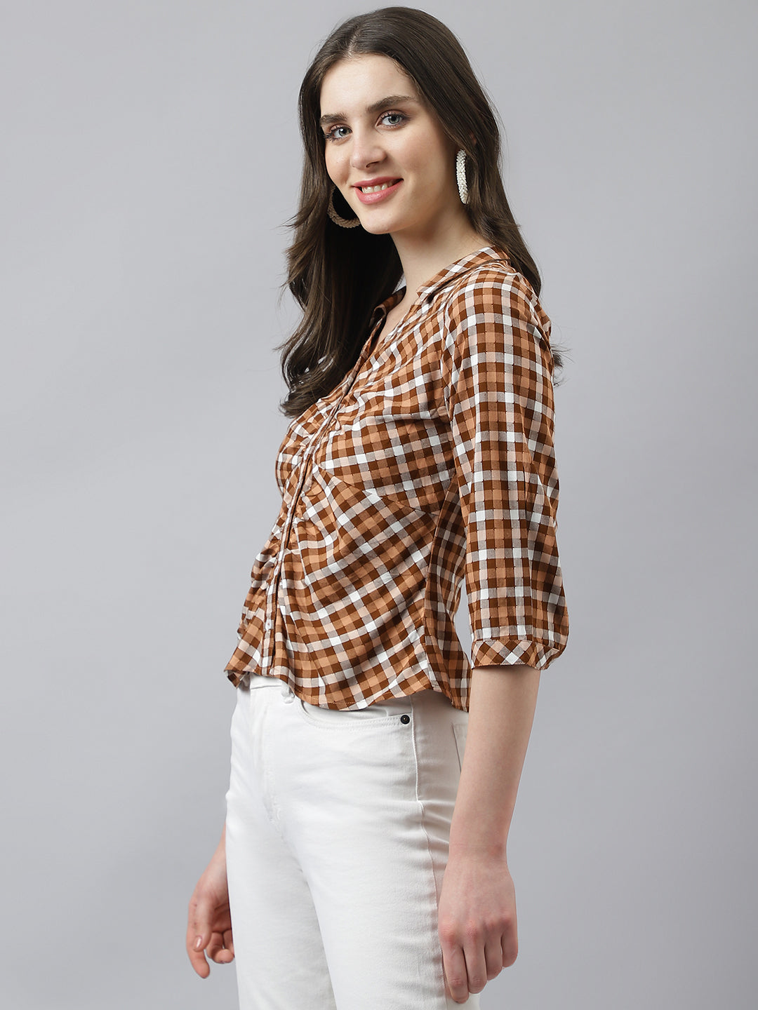 Brown Check Top With Collar Neck