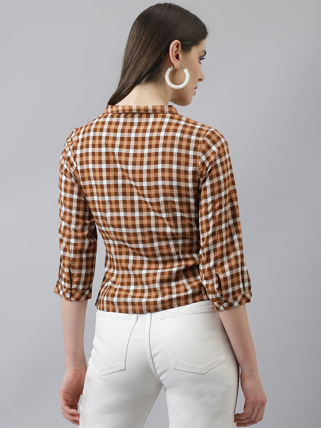 Brown Check Top With Collar Neck