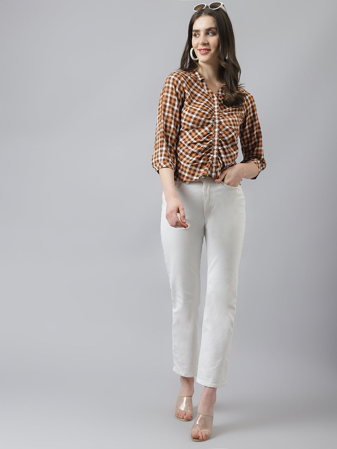 Brown Check Top With Collar Neck