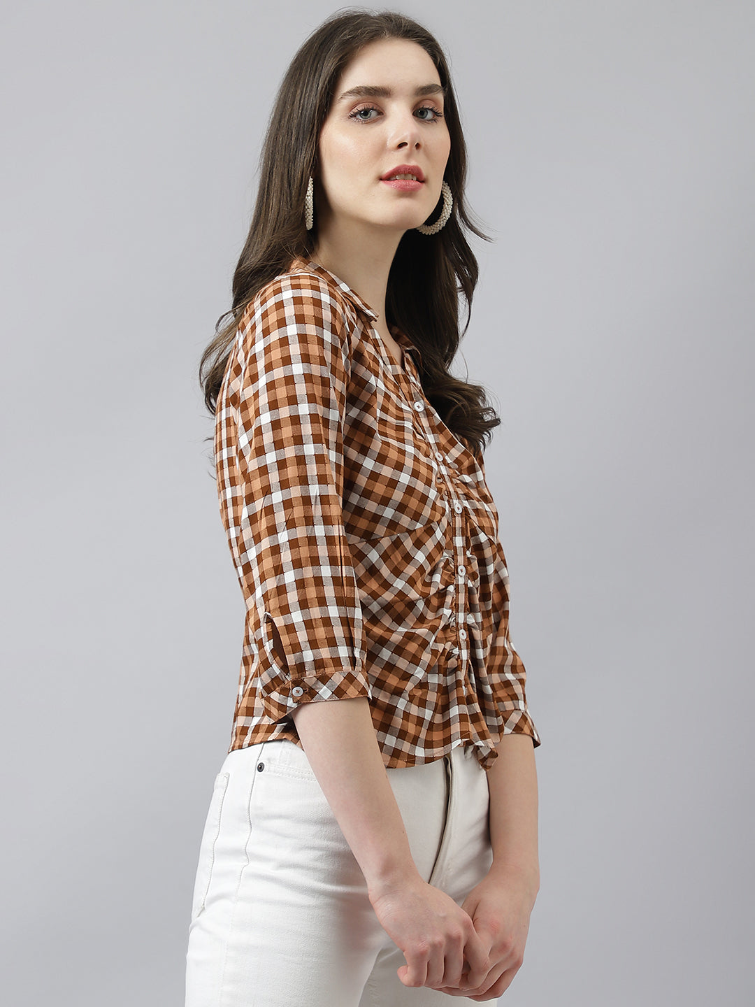 Brown Check Top With Collar Neck