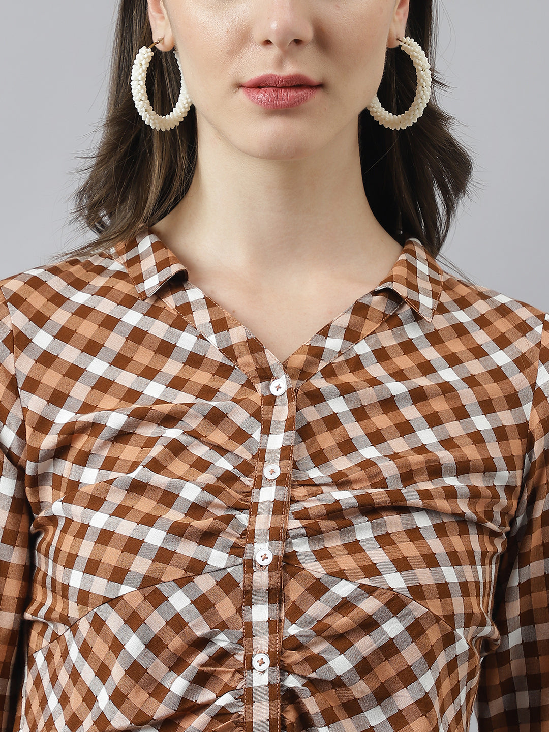 Brown Check Top With Collar Neck