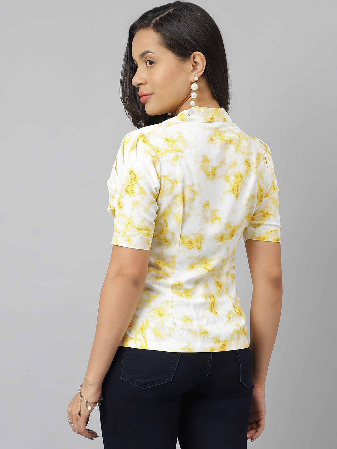 Yellow V Neck With Puffed Sleeve Wrap Top