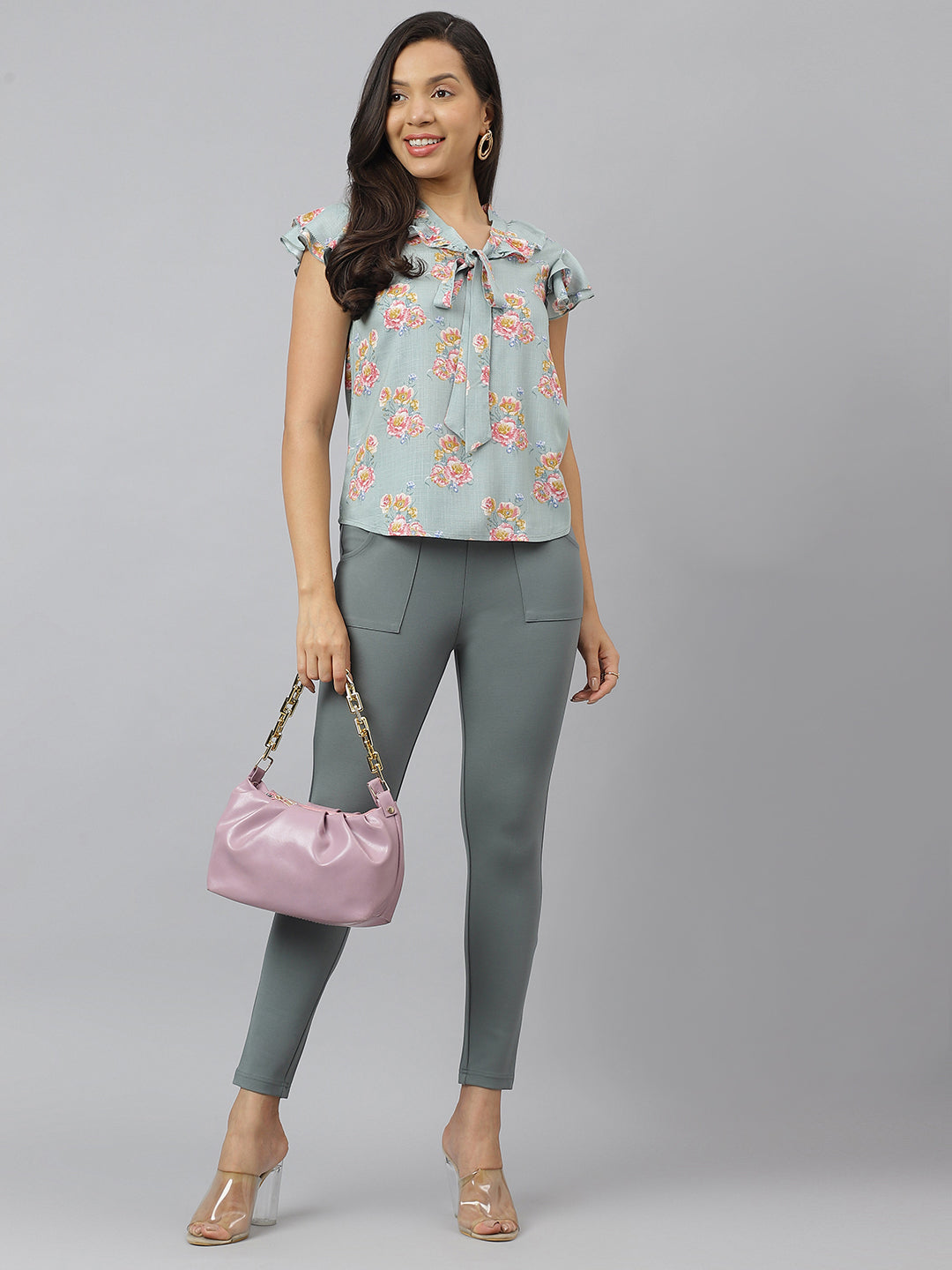Blue Floral Printed Cap Sleeve With Tie Up Neck Top