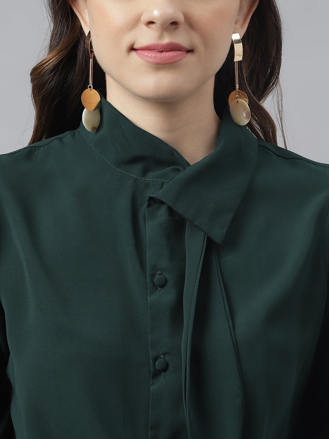 Green Cap Sleeves Embellished Top With Tie Up Neck