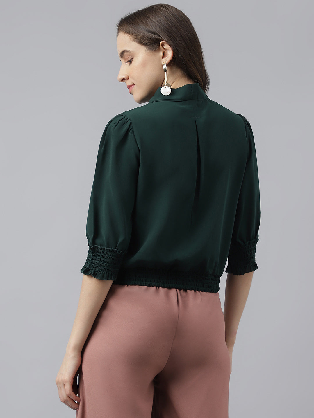Green Cap Sleeves Embellished Top With Tie Up Neck