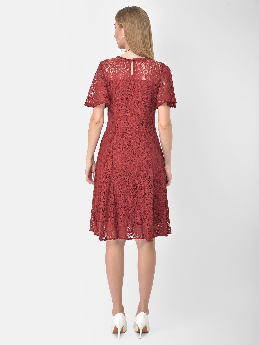 Maroon Half Sleeve A-Line Dress With Lace