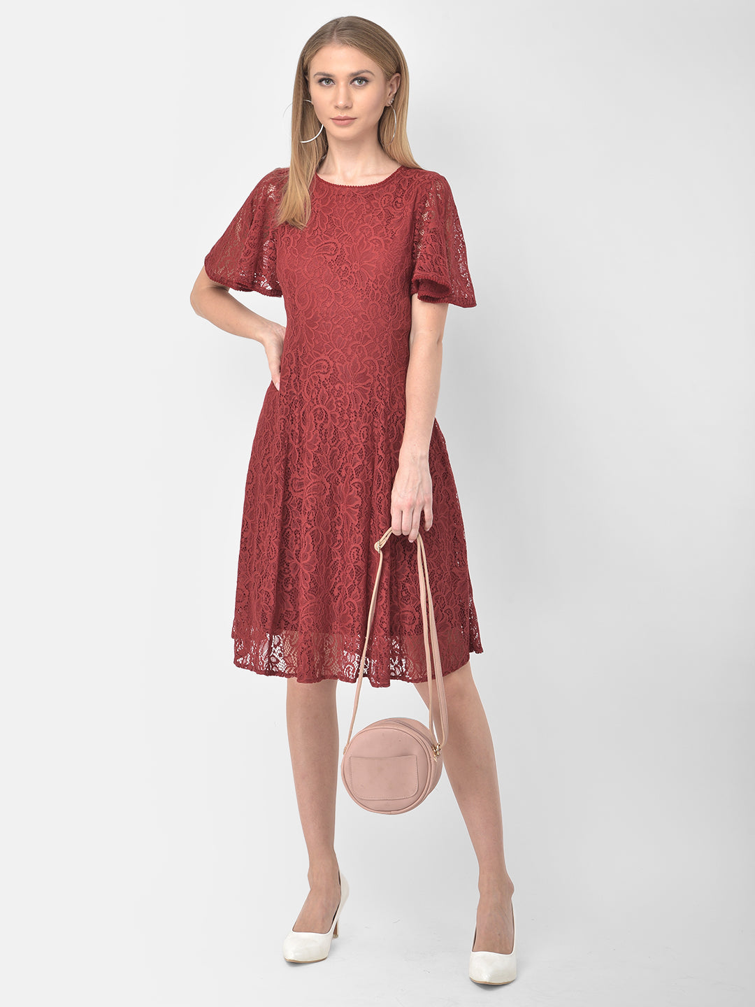 Maroon Half Sleeve A-Line Dress With Lace
