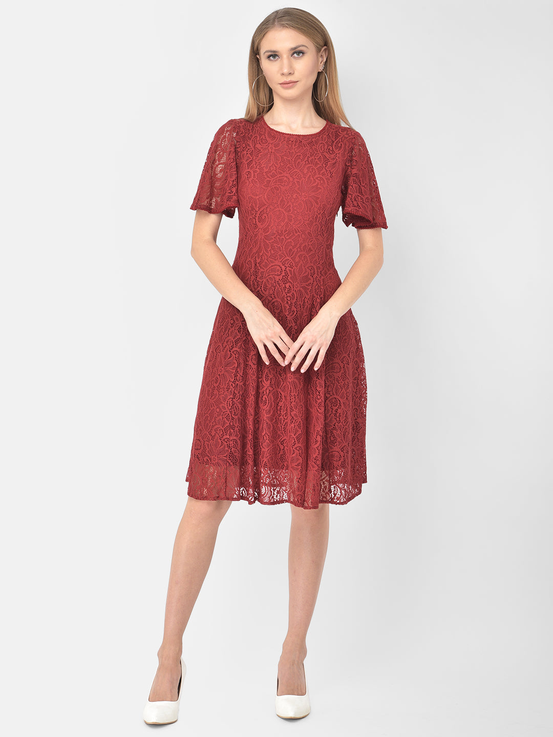 Maroon Half Sleeve A-Line Dress With Lace