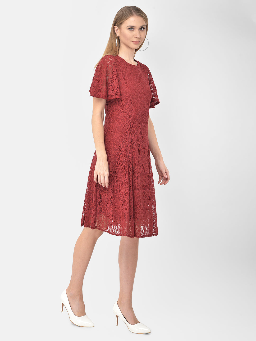 Maroon Half Sleeve A-Line Dress With Lace