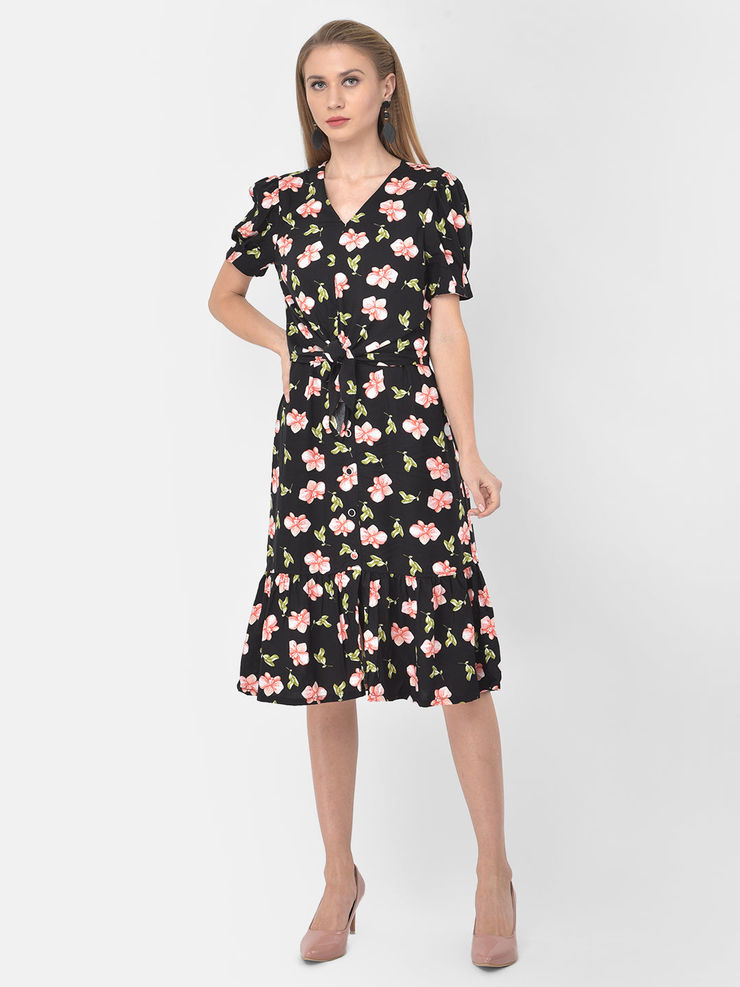 Black Half Sleeve ALine Printed Dress