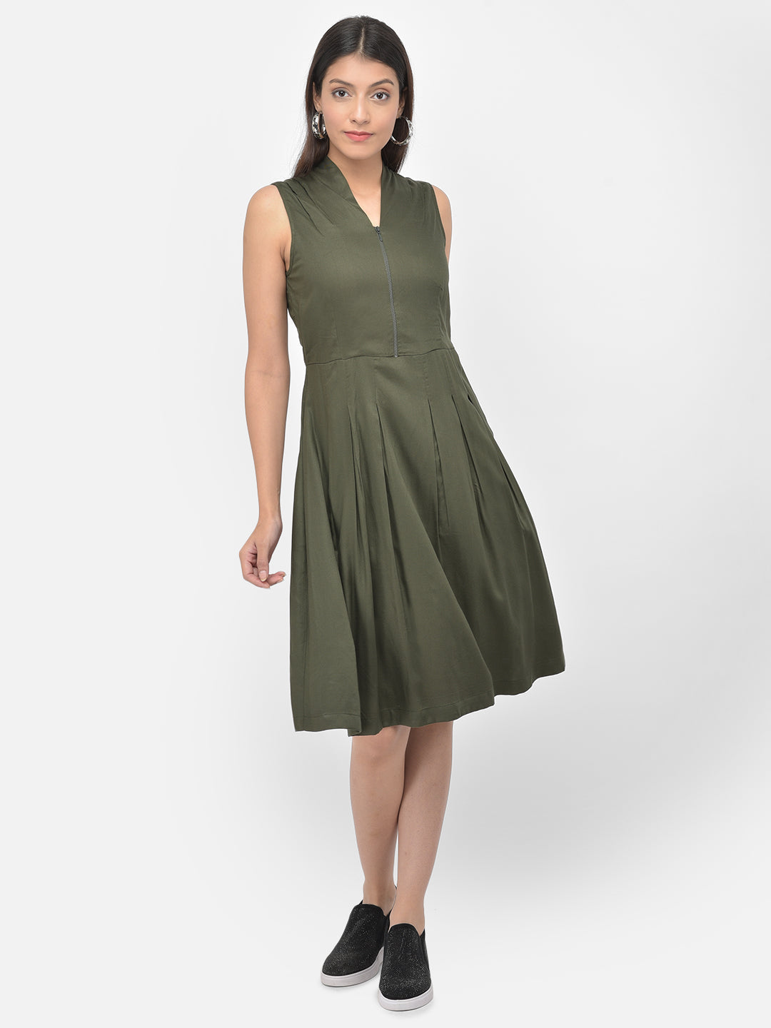 Green Sleeveless A-Line Pleated Dress
