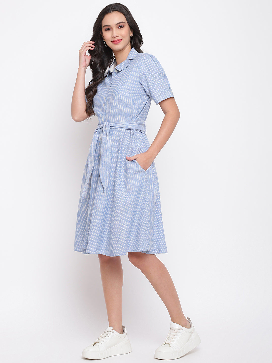 Blue Half Sleeve A-Line Striped Dress