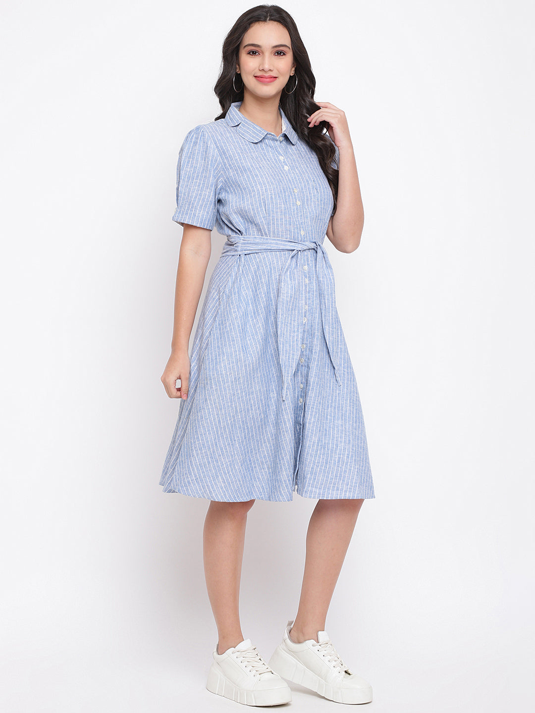 Blue Half Sleeve A-Line Striped Dress