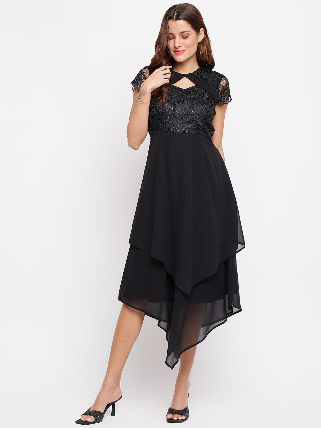 Black Cap Sleeve 2 Fir 1 Dress With Lace
