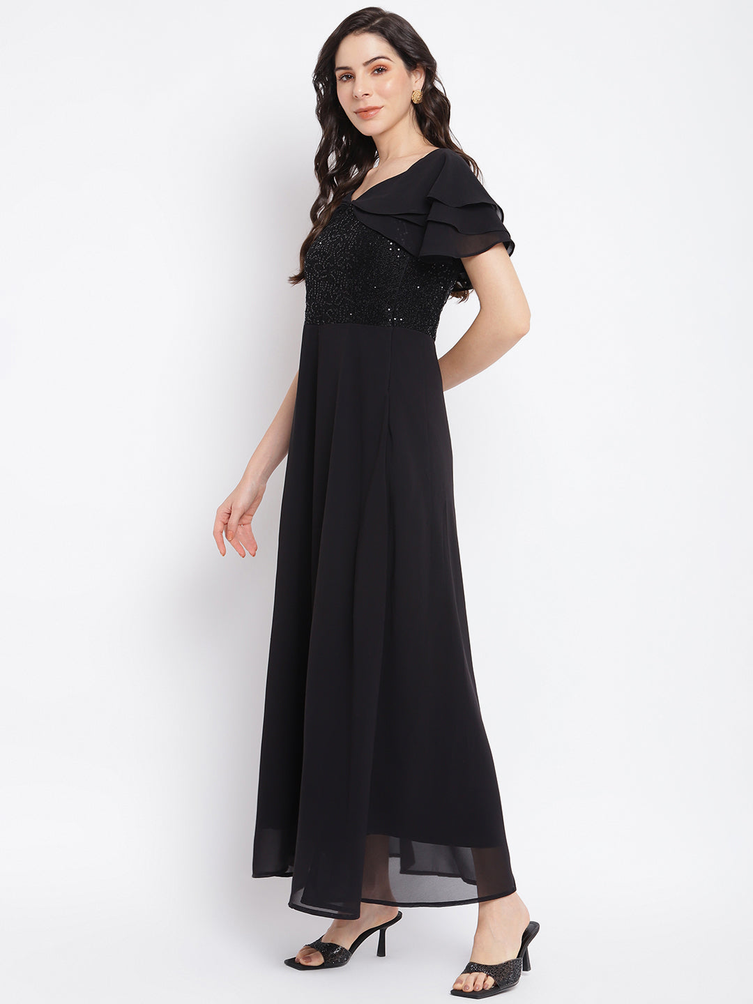 Black Half Sleeve With Solid Maxi Dress