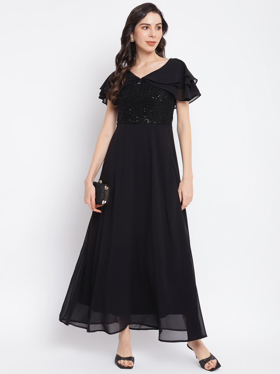 Black Half Sleeve With Solid Maxi Dress