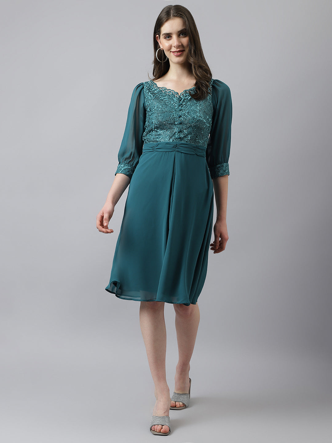 Green Lace Knee Length Dress