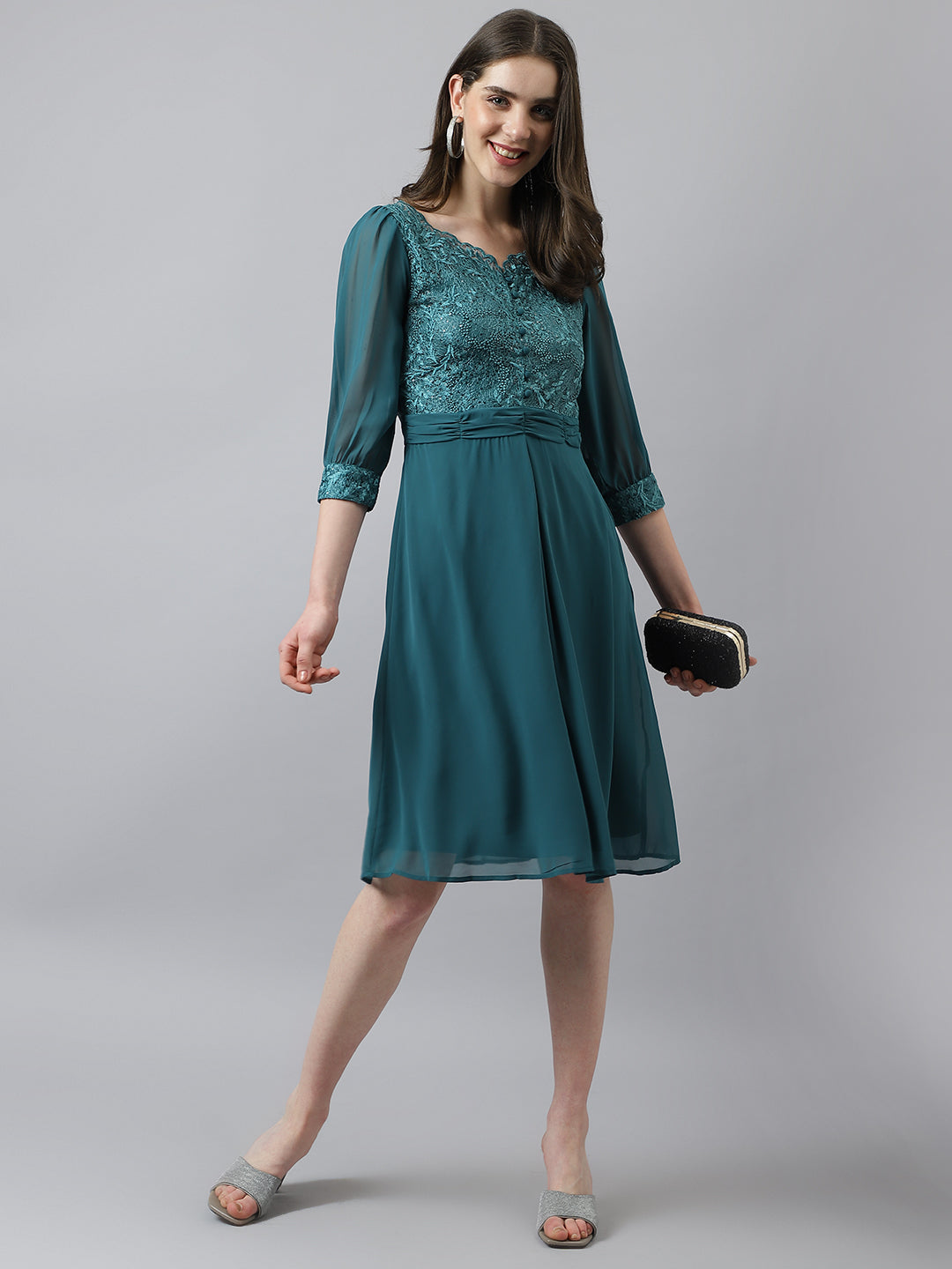 Green Lace Knee Length Dress