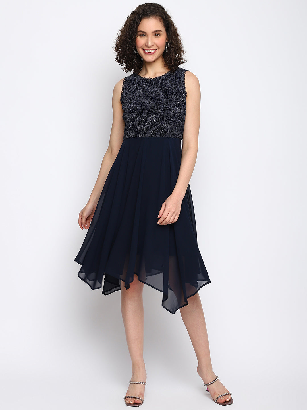Blue No Sleeve Solid High Low Dress