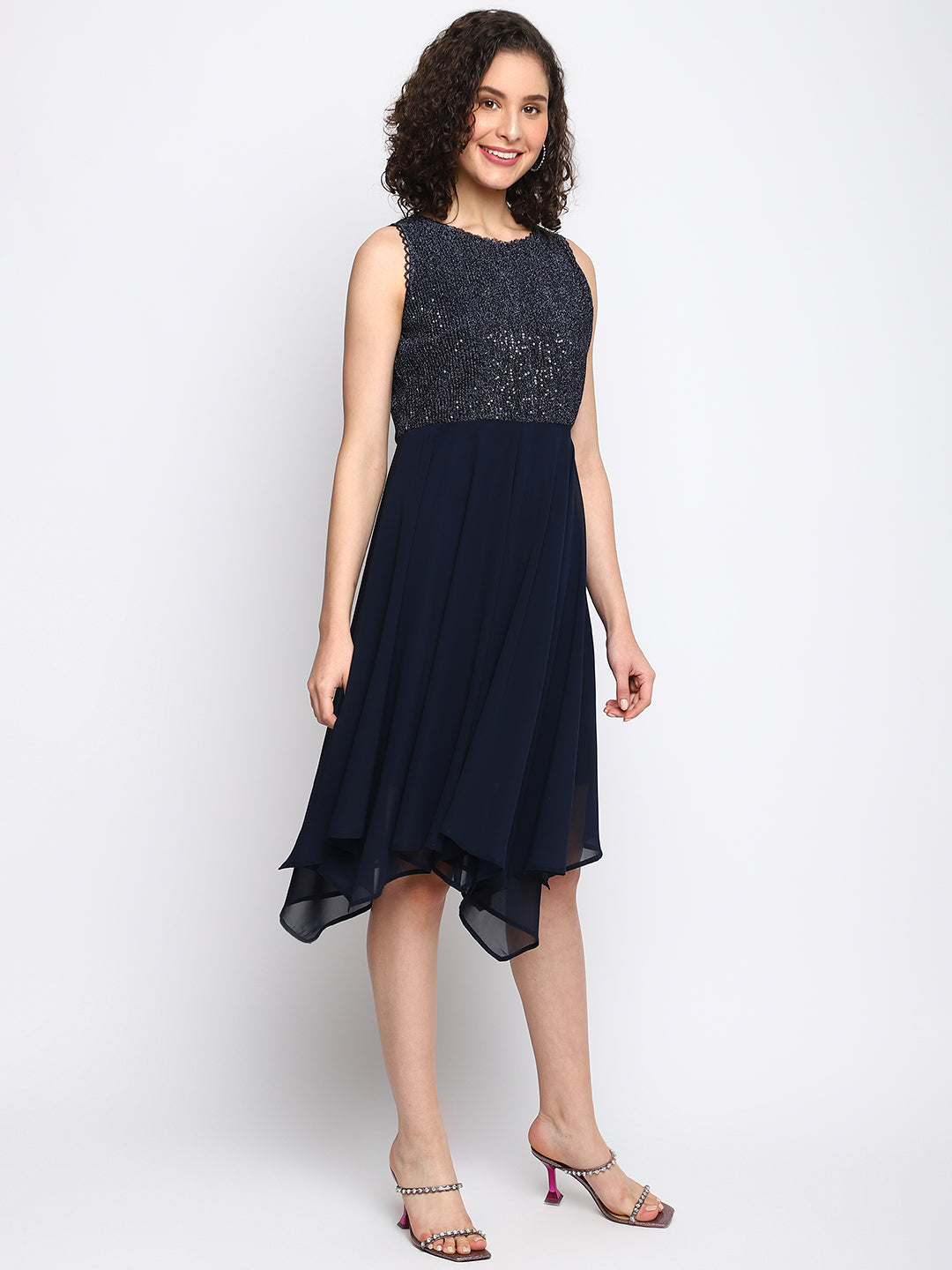 Blue No Sleeve Solid High Low Dress