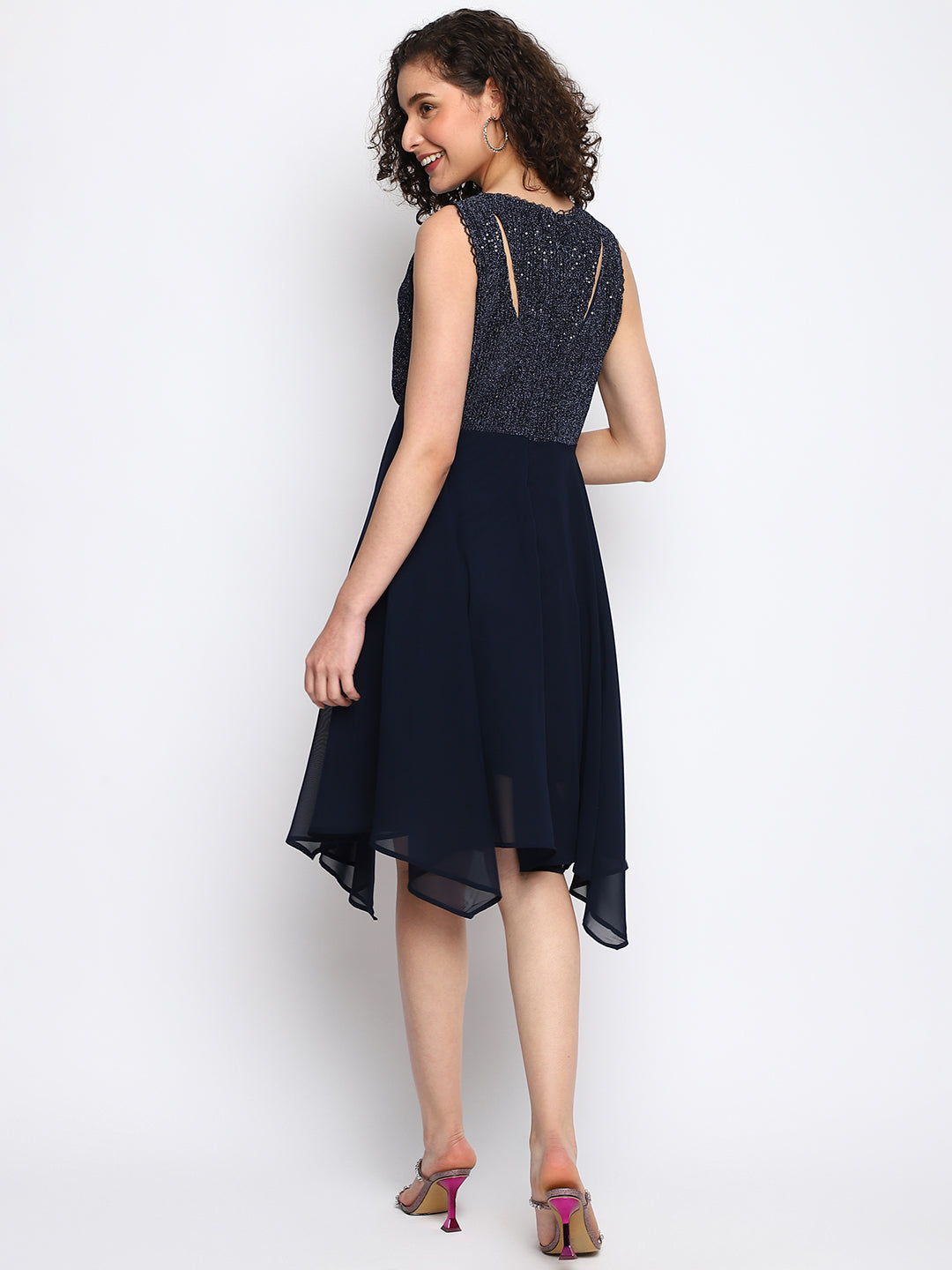 Blue No Sleeve Solid High Low Dress