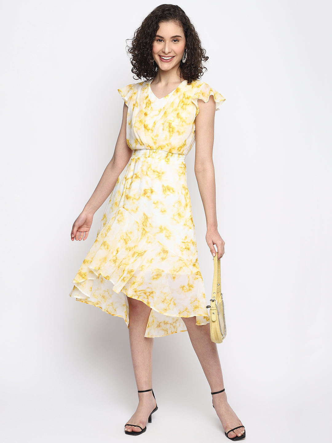 Yellow Cap Sleeve Printed High Low Dress