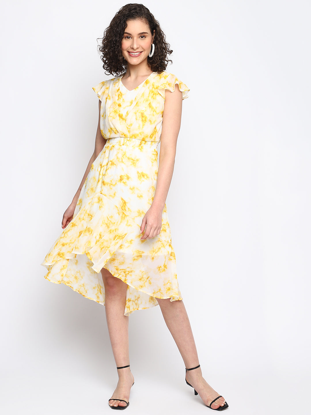 Yellow Cap Sleeve Printed High Low Dress