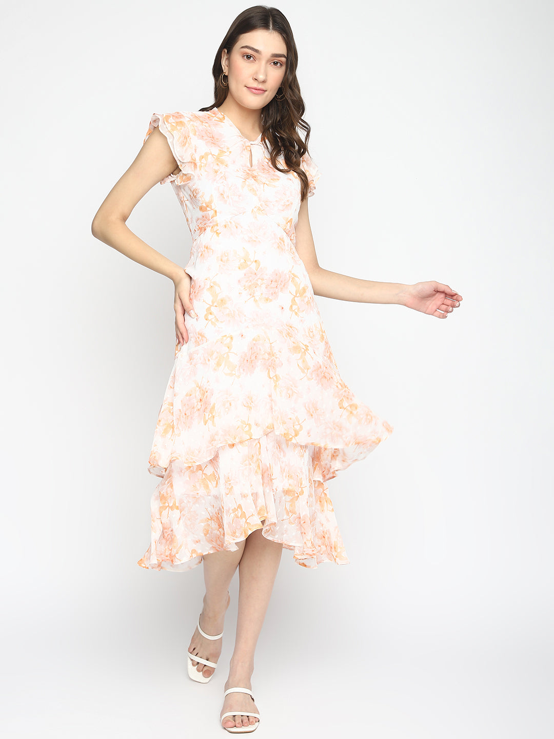 Orange Cap Sleeve Printed Maxi Dress With Ruffles