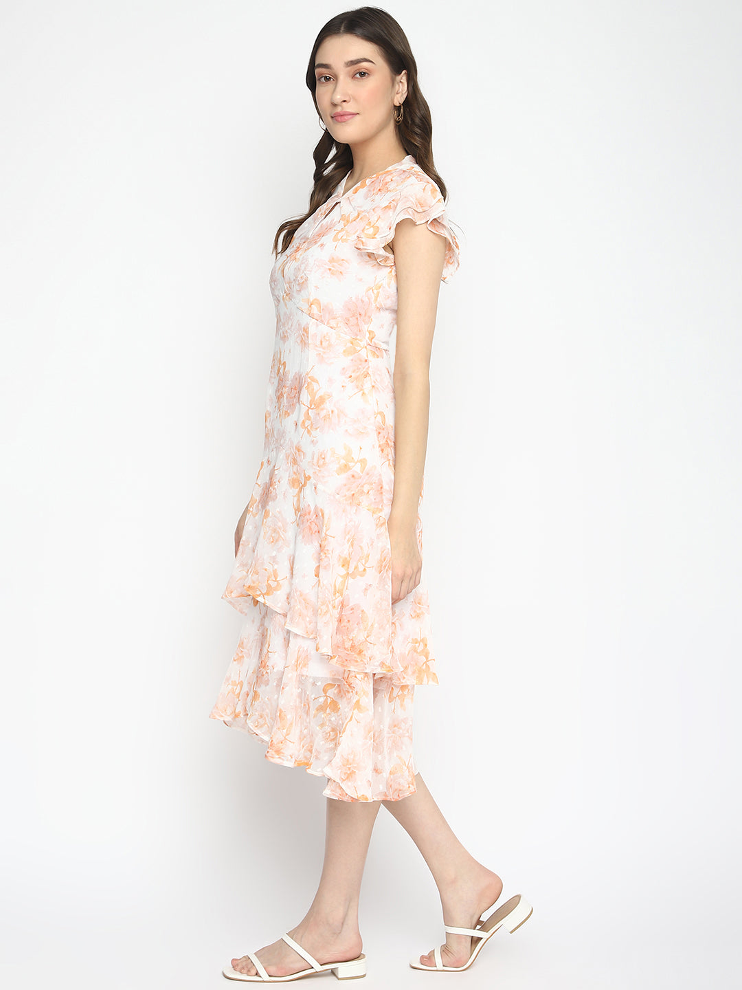 Orange Cap Sleeve Printed Maxi Dress With Ruffles