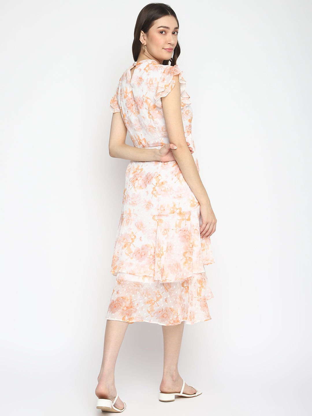 Orange Cap Sleeve Printed Maxi Dress With Ruffles