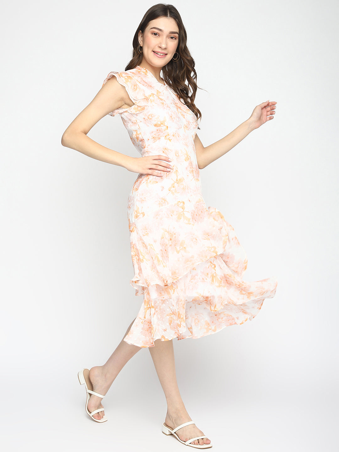 Orange Cap Sleeve Printed Maxi Dress With Ruffles