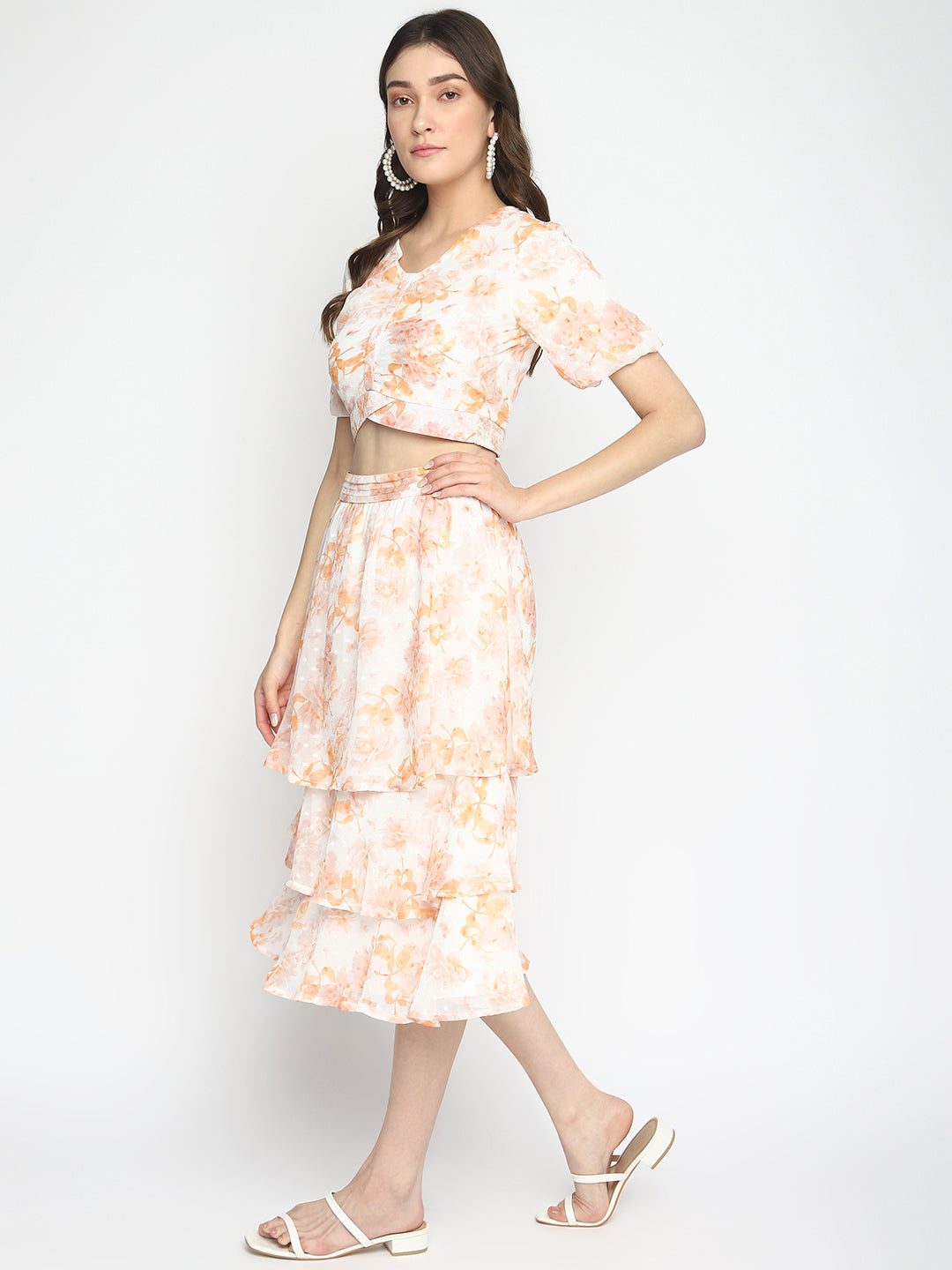 Orange Floral Printed V-Neck With Peasant Sleeves Layered Fit & Flare Dress