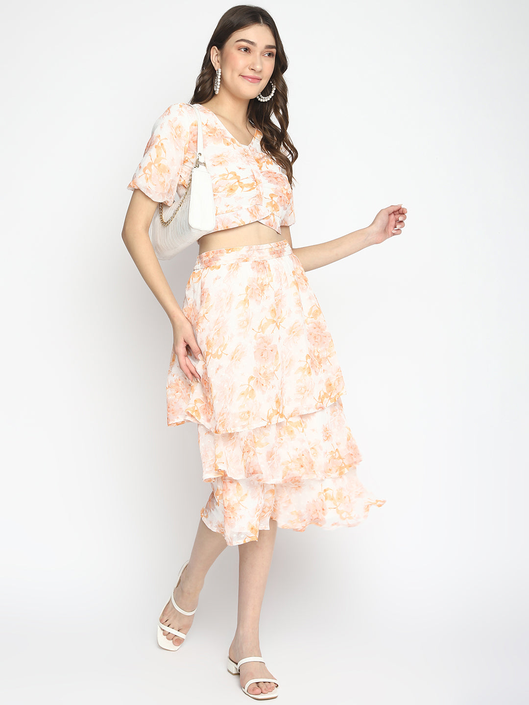 Orange Floral Printed V-Neck With Peasant Sleeves Layered Fit & Flare Dress
