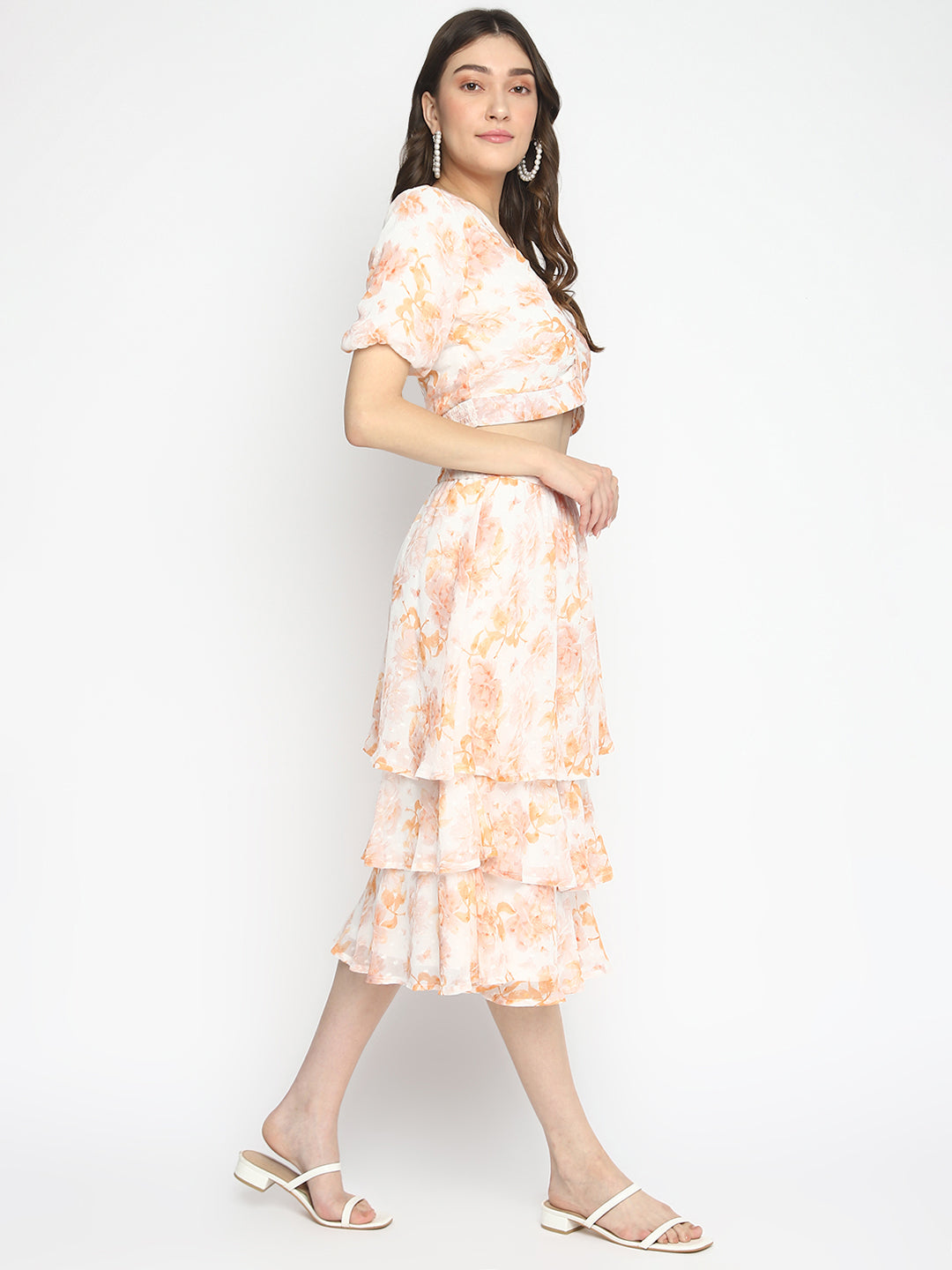Orange Floral Printed V-Neck With Peasant Sleeves Layered Fit & Flare Dress