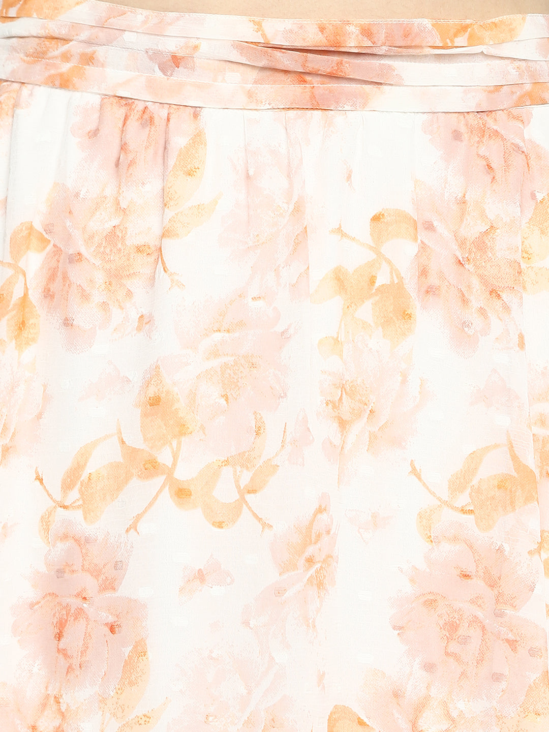 Orange Floral Printed V-Neck With Peasant Sleeves Layered Fit & Flare Dress