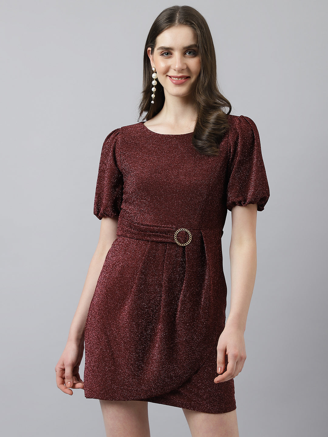 Maroon Sheath Dress With Round Neck Puffer Sleeves & Self Belt Design