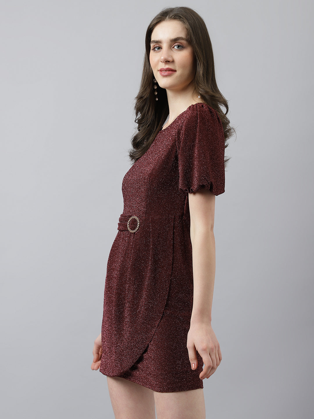 Maroon Sheath Dress With Round Neck Puffer Sleeves & Self Belt Design