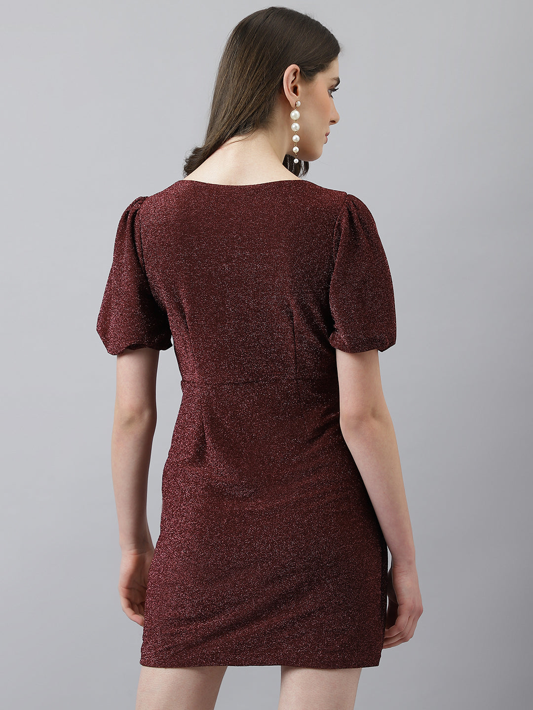Maroon Sheath Dress With Round Neck Puffer Sleeves & Self Belt Design
