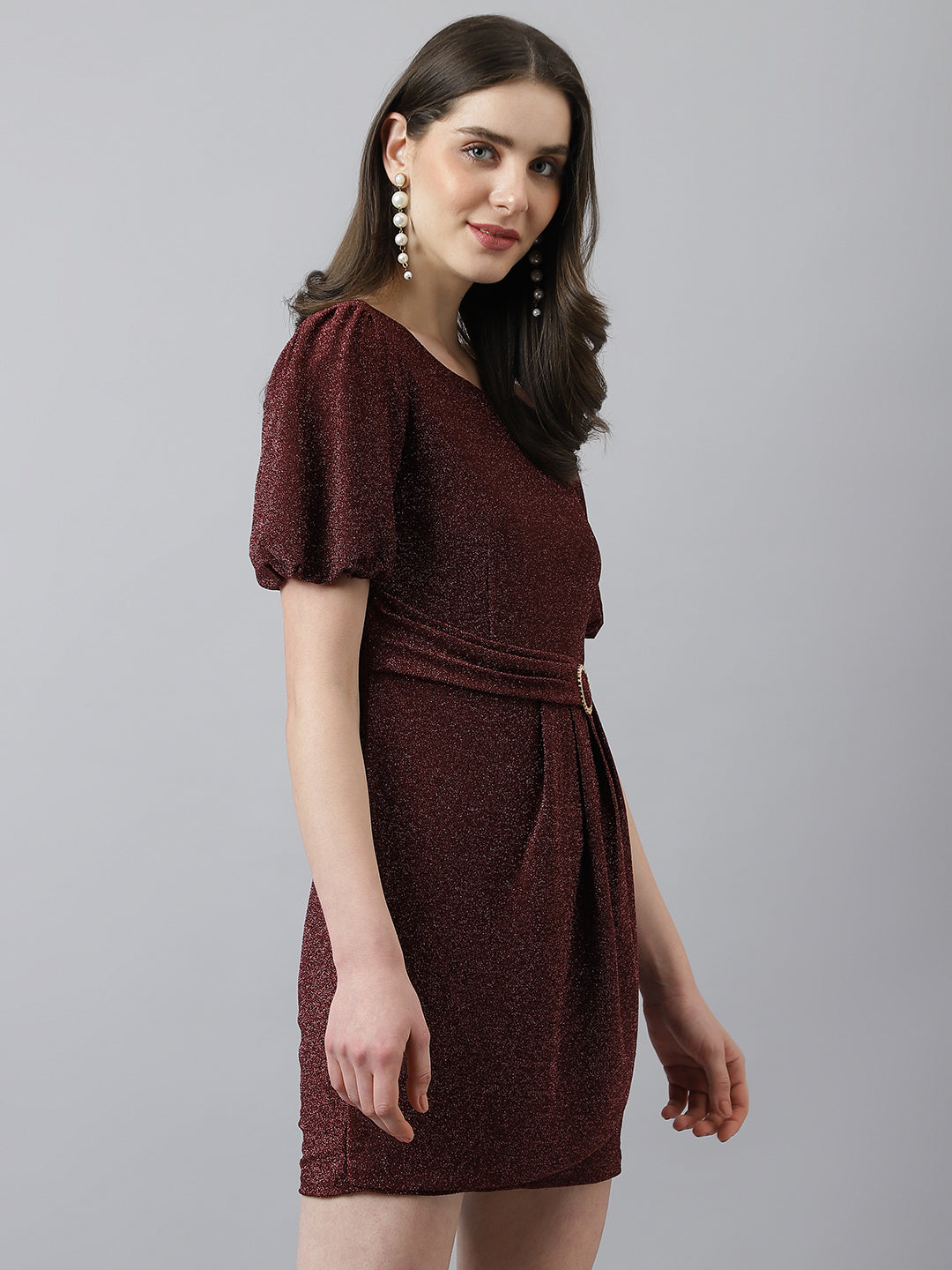 Maroon Sheath Dress With Round Neck Puffer Sleeves & Self Belt Design