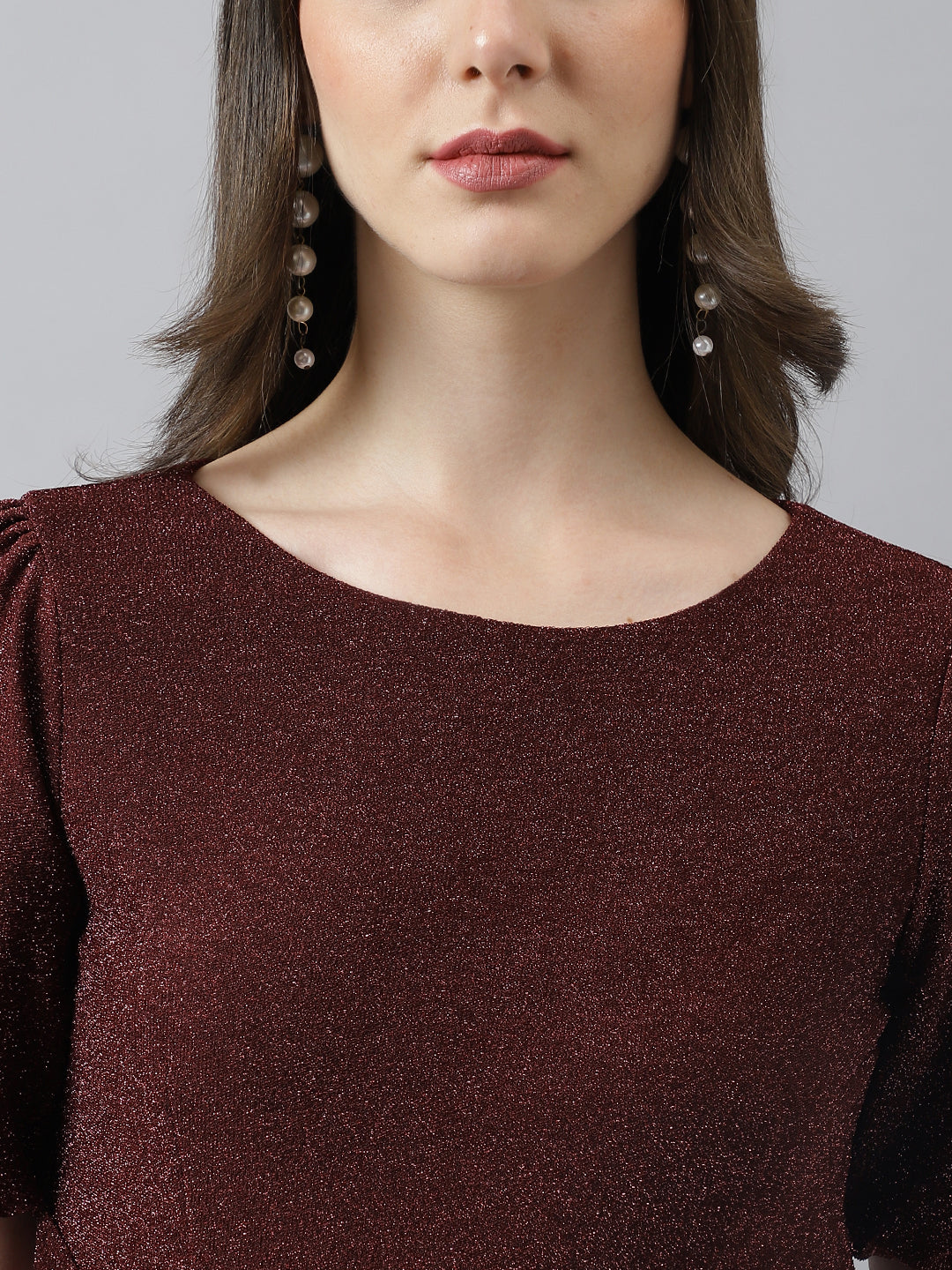 Maroon Sheath Dress With Round Neck Puffer Sleeves & Self Belt Design