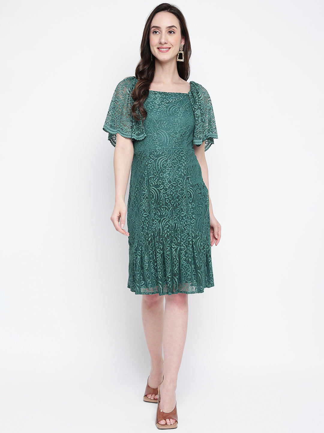 Green Half Sleeve Solid Strapless Dress