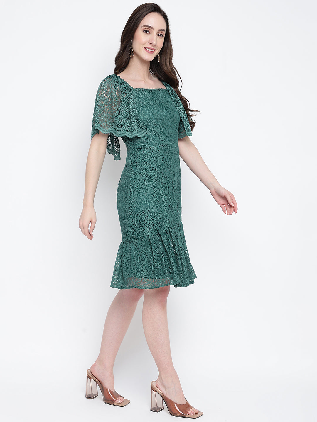 Green Half Sleeve Solid Strapless Dress