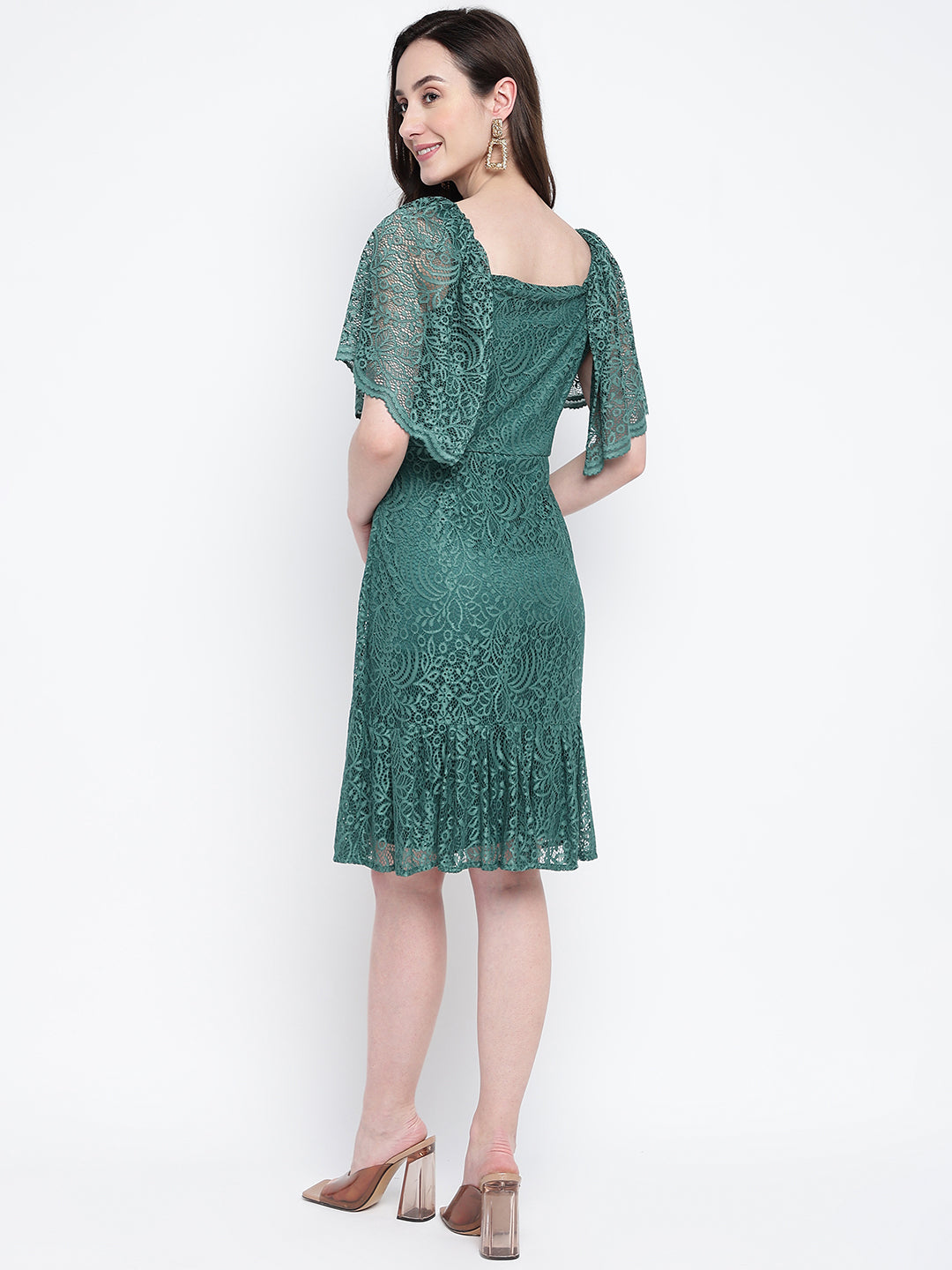 Green Half Sleeve Solid Strapless Dress