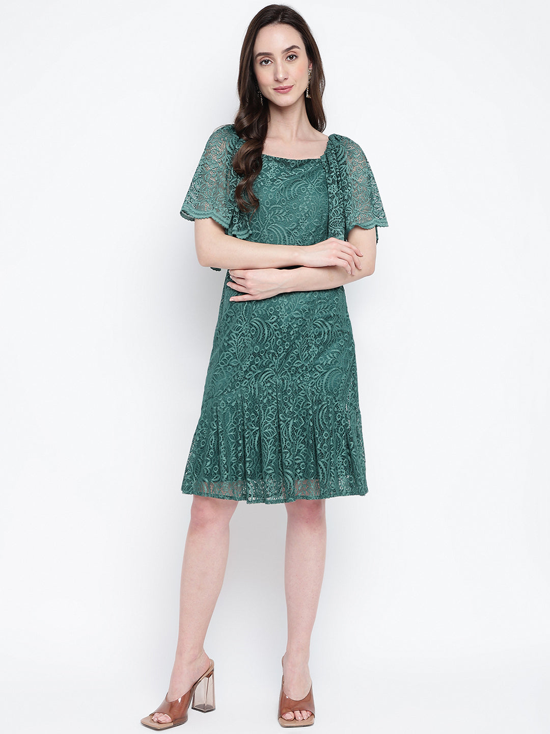 Green Half Sleeve Solid Strapless Dress