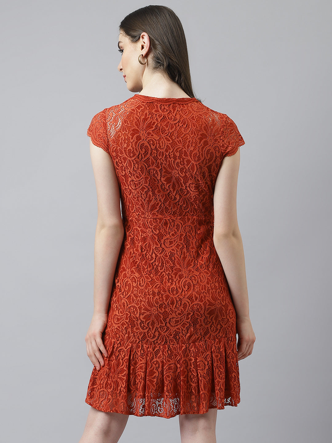 Rust Self Design Lace Cap Sleeve Dress With Ruffles